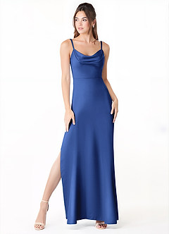 Azazie Alaija Abiti da Damigella Abito Sirena in Raso Elasticizzato Spacco Laterale Blu Reale image2
