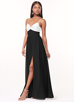 Azazie Zeya Bridesmaid Dresses Ivory Black A-Line V-Neck Pleated Chiffon Dress image4