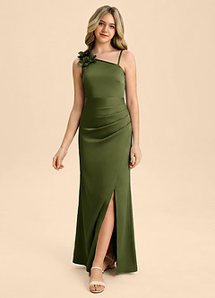 Azazie Remi Junior Olive Sheath Side Slit Stretch Satin Dress image4
