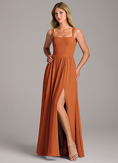 Azazie Rosaline Bridesmaid Dresses Cinnamon A-Line Side Slit Chiffon Dress image5