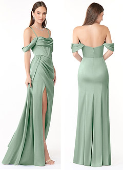 Azazie Amyra At-home Try On Dresses Agave Sheath Off the Shoulder Stretch Satin Convertible Dress image8