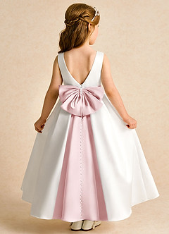 Azazie Cherry Flower Girl Dresses Ivory Powder Pink Ball-Gown Pleated Matte Satin Dress image1