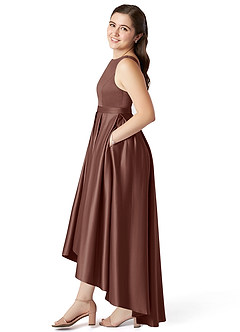 Azazie Inaya Junior Espresso A-Line with Belt Stretch Satin Dress image3