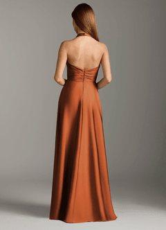 Azazie Tessie Bridesmaid Dresses Cinnamon A-Line Pleated Stretch Satin Dress image2