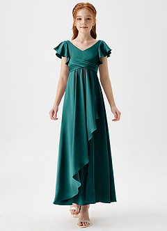Azazie Omari Junior Peacock A-Line Pleated Stretch Satin Dress image5