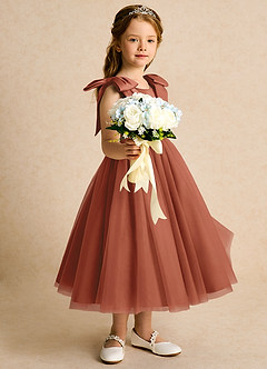 Azazie Serene Abiti da Ragazza di Fiori Abito Principessa in Raso Opaco Fiocco Auburn image5