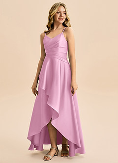 Azazie Eirlys Junior Robe Trapèze en Satin extensible Plissée Rose Bonbon image5