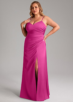 Azazie Azuree Bridesmaid Dresses Fuchsia A-Line Pleated Stretch Satin Dress image1