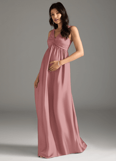 Azazie Yetta Maternity Bridesmaid Dresses A-Line Pleated Stretch Satin Floor-Length Dress image1