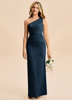 Azazie Akilah Junior Dark Navy Sheath Pleated Stretch Satin Dress image1