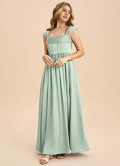 Azazie Hattie Junior Jurk van Stretch Satijn met A-Lijn Geplooid Agave image1