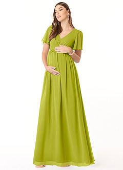 Azazie Verna vestidos de dama de honor de maternidad Vestido de Corte en A Cuello en V fruncido Hasta el suelo Gasa image3