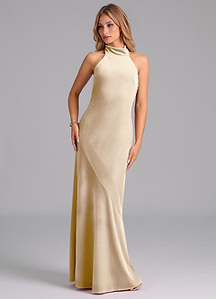 Azazie Velli Robes de demoiselle d'honneur Robe Sirène en velours Col Haut Champagne image3