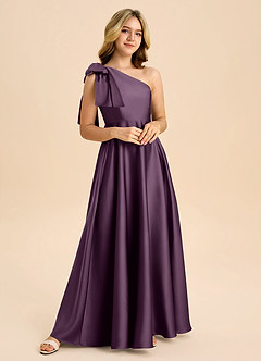 Azazie Penguin Junior Plum A-Line Bow Stretch Satin Dress image4