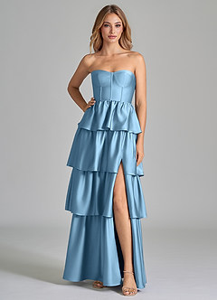 Azazie Faye Robes de demoiselle d'honneur Robe Trapèze en Satin extensible Rayé Acier Bleuté image3
