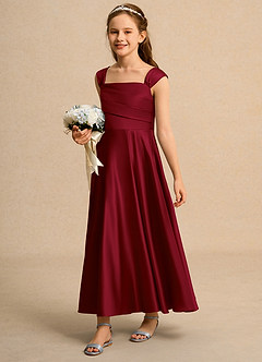 Azazie Bundle Girls Formal Flower Girl Dresses Burgundy A-Line Pleated Matte Satin Dress image5