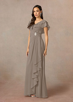 Azazie Snapdragon Mother of the Bride Dresses Taupe A-Line V-Neck Ruched Chiffon Dress image2