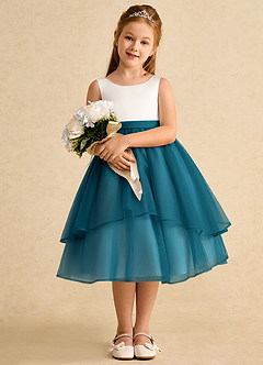 Azazie Rene Flower Girl Dresses Ivory Ink Blue A-Line Bow Tulle Dress image3