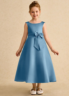 Azazie Eve Abiti da Ragazza di Fiori Abito A-Line in Raso Opaco Plissettato Blu Acciaio image4