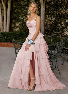 Floralace Powder Pink Ruffled A-line Prom Dress image2