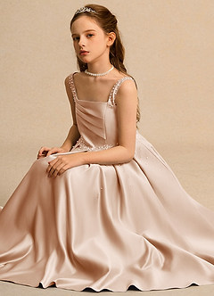 Azazie Mochi Girl vestidos de niña de las flores Vestido de Rosa Inglesa de Satin Mate de Princesa con Plisado image3