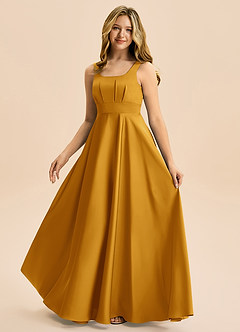 Azazie Gabby Junior Robe Trapèze en Satin extensible Plissée Caramel écossais image5