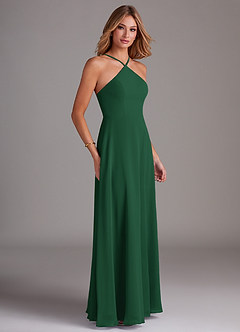 Azazie Bailey Vestidos de damas de honor Vestido de Verde Oscuro de Gasa de Corte en A con Halter Abertura lateral image6