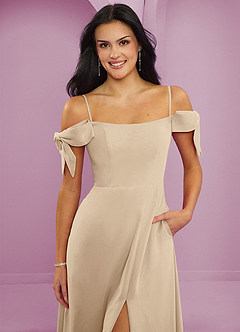 Barbie ♥ Azazie Robes de demoiselle d'honneur Robe Trapèze Convertible en Mousseline de soie Épaule décolletée Champagne image3