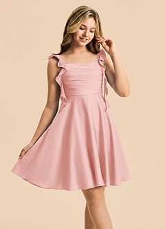 Azazie Kira Junior Powder Pink A-Line Ruched Stretch Satin Dress image5