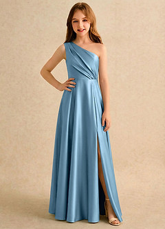 Azazie Puddles Girls Formal Flower Girl Dresses Steel Blue A-Line One Shoulder Stretch Satin Dress image1