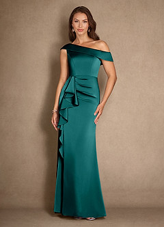 Azazie Hamptons Mother of the Bride Dresses Peacock A-Line Pleated Stretch Satin Dress image1