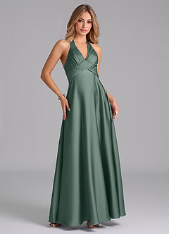 Azazie Tessie Vestidos de damas de honor Vestido de Musgo Marino de Satén Elástico de Corte en A con Plisado image4