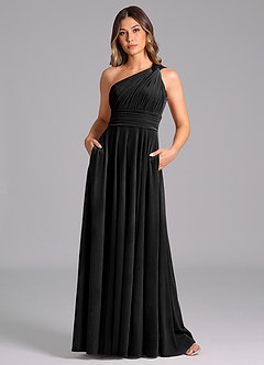 Azazie Charlize At-home Try On Dresses Black A-Line One Shoulder Velvet Dress image3
