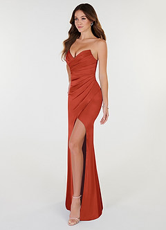 Azazie Yola Robes de demoiselle d'honneur Robe Fourreau Convertible en Satin extensible Plissee mit V-Ausschnitt Rouille image3
