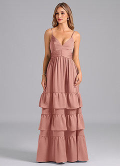 Azazie Nathalia Bridesmaid Dresses Rosette A-Line Pleated Stretch Satin Dress image3