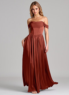 Azazie Raisa Robes de demoiselle d'honneur Robe Trapèze en Satin extensible Épaule décolletée Terracotta image3