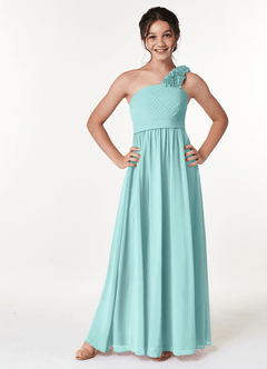 Azazie Flower Junior Robe Trapèze en Mousseline de soie Plissée Aqua image1