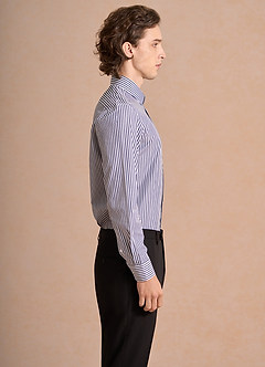 front Aiden White Navy Blue 100% Cotton Non-Iron Striped Dress Shirt