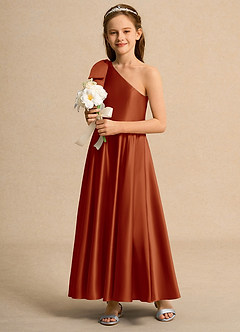 Azazie Guppy Junior Formal vestidos de niña de las flores Vestido de Pimenton de Satin Mate de Corte En A con Hombro unilateral image5