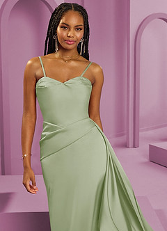 Barbie ♥ Azazie Vestidos de damas de honor Vestido de Salvia Polvorienta de Satén Elástico de Corte Recto Convertible con Sin tirantes image4