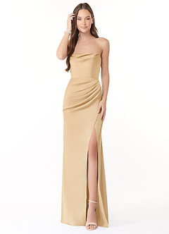 Azazie Leonis Bridesmaid Dresses Gold Mermaid Pleated Stretch Satin Convertible Dress image3