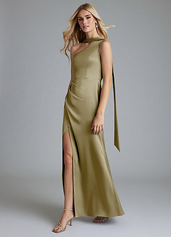 Azazie Adhara Bridesmaid Dresses Moss Green Sheath One Shoulder Stretch Satin Dress image1