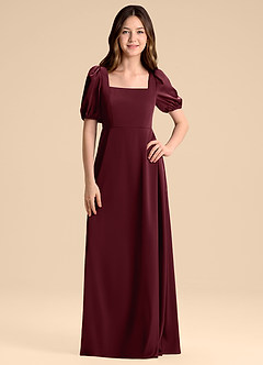 Azazie Briar Junior Vestido de Cabernet de Satén Elástico de Corte en A con Lazo image3