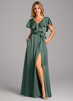 Azazie Lainey Bridesmaid Dresses Sea Moss A-Line with Pockets Stretch Satin Dress image4