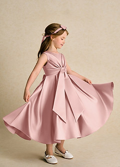 Azazie Lady vestidos de niña de las flores Vestido de Oro Rosa de Satin Mate de Corte En A con Plisado image4