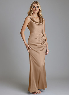 Azazie Tallie Bridesmaid Dresses Taupe Mermaid Pleated Stretch Satin Dress image7