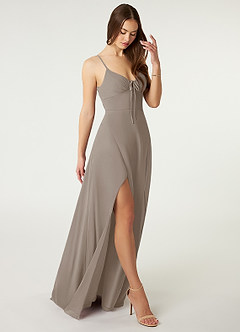 Azazie Minie Bridesmaid Dresses Taupe A-Line Bow Chiffon Dress image1