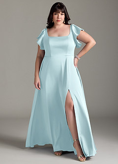 Azazie Bondi Bridesmaid Dresses Cloud Blue A-Line Bow Stretch Satin Dress image7