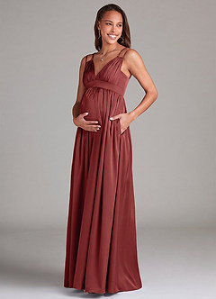 Azazie Emree Maternity Bridesmaid Dresses A-Line Stretch Satin Floor-Length Dress with Pockets image3