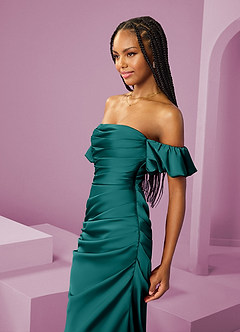 Barbie ♥ Azazie Robes de demoiselle d'honneur Robe Fourreau Convertible en Satin extensible Épaule décolletée Paon image6